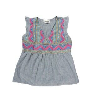 Savanna Jane Top Womens M Blue Embroidered Boho Peasant Hippie Fiesta Flutter